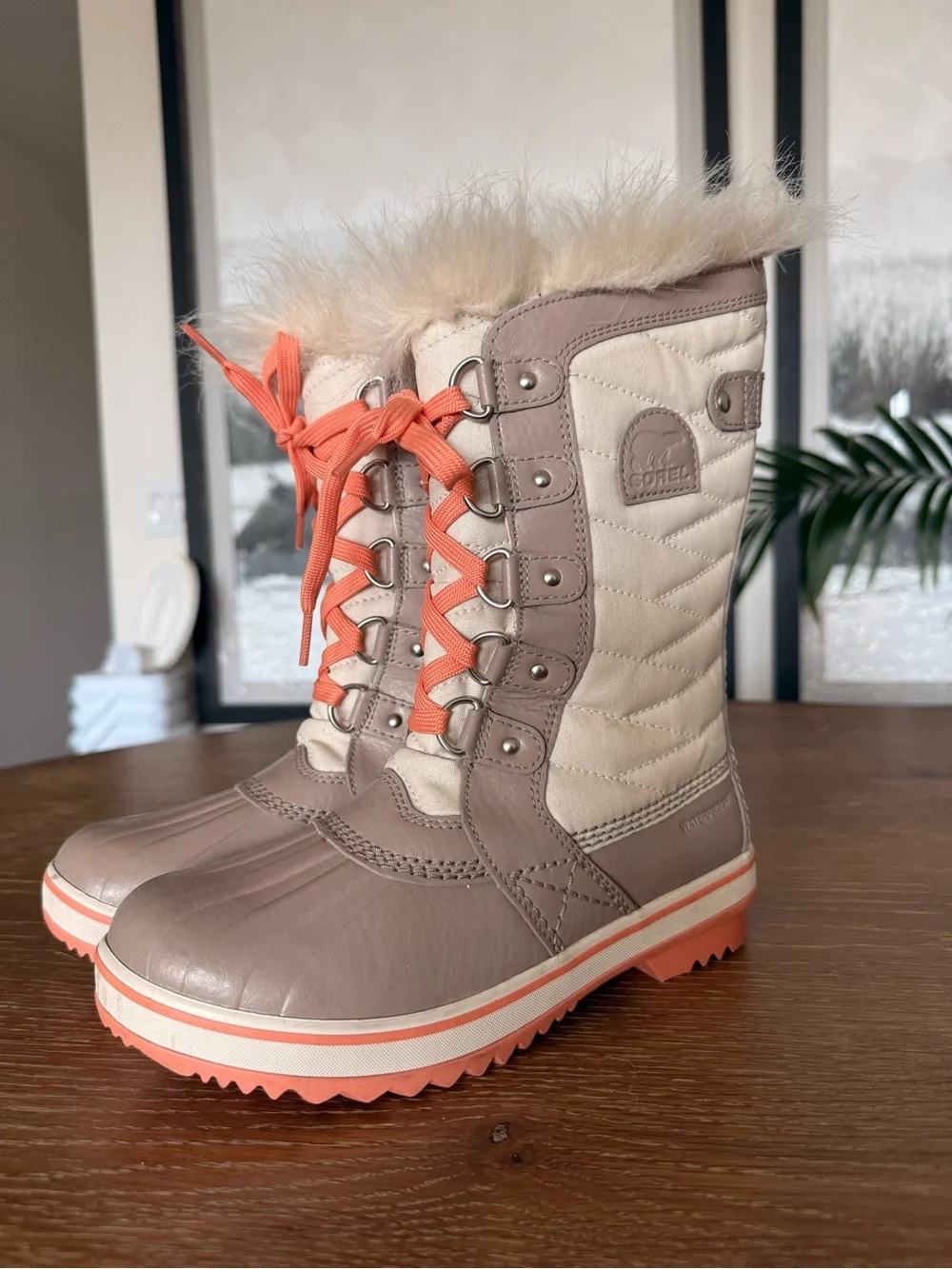 Sorel Kids Beige and Coral Winter Lace-Up Boots with Faux Fur Trim